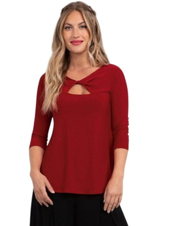 Sympli Red Twist Cut Out Neck Top Sz 10 Stretch 3/4 Sleeve Colorful Professional - Picture 1 of 11